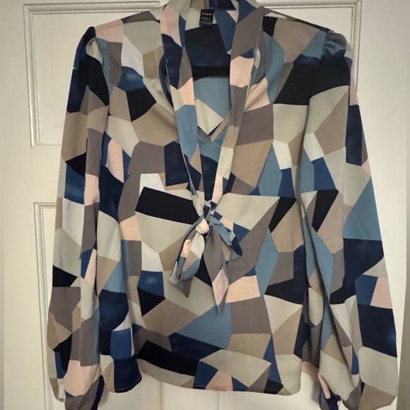 Women's Bow Tied Neck Colorblock Print Lantern Long Sleeve Blouse Top - Picture 4 of 4